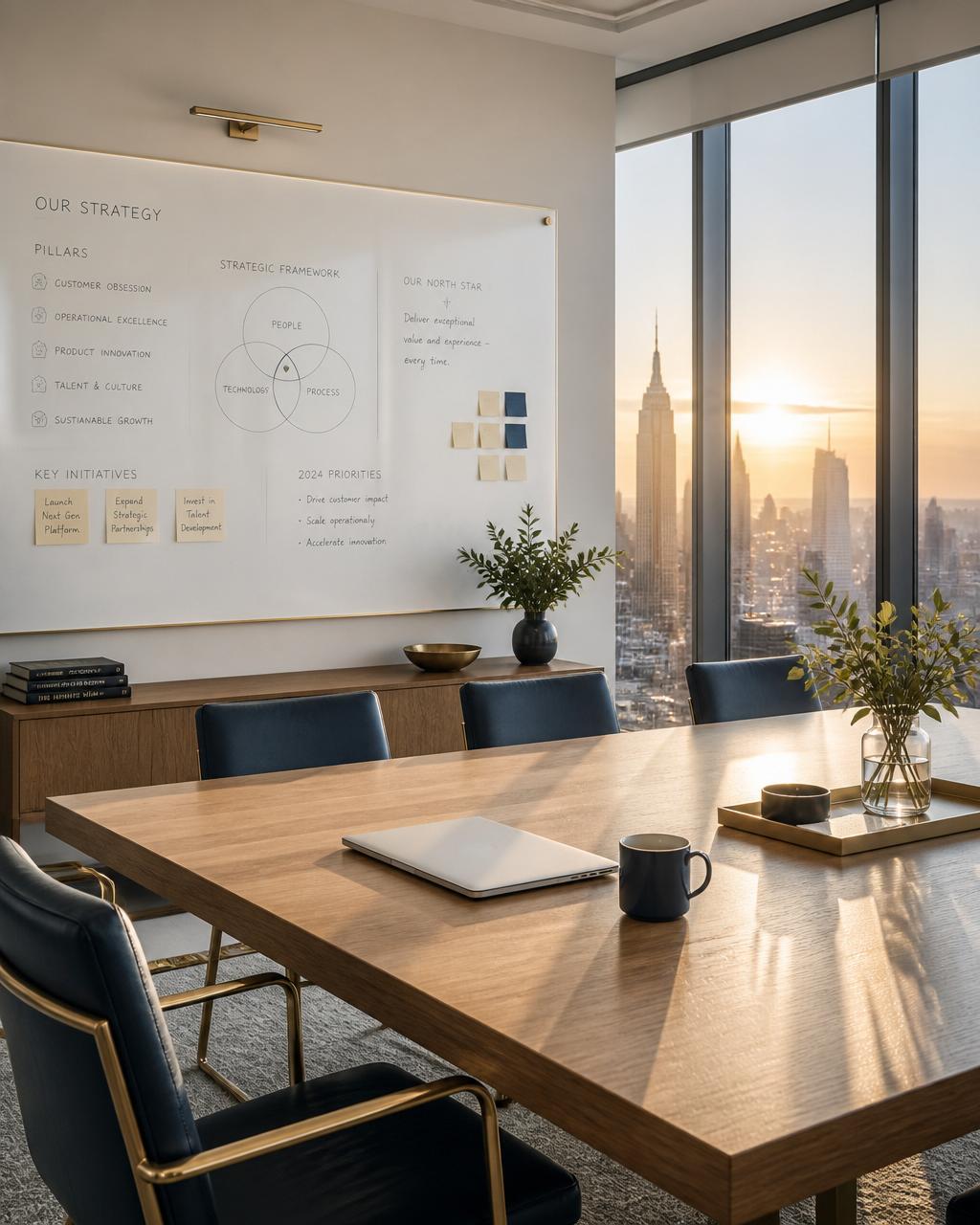 Strategy boardroom, morning light across a city skyline